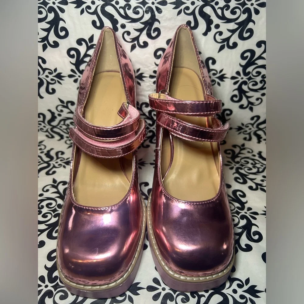 NWOT Pink Metallic Platform Heels Mary Jane - Picture 7 of 11